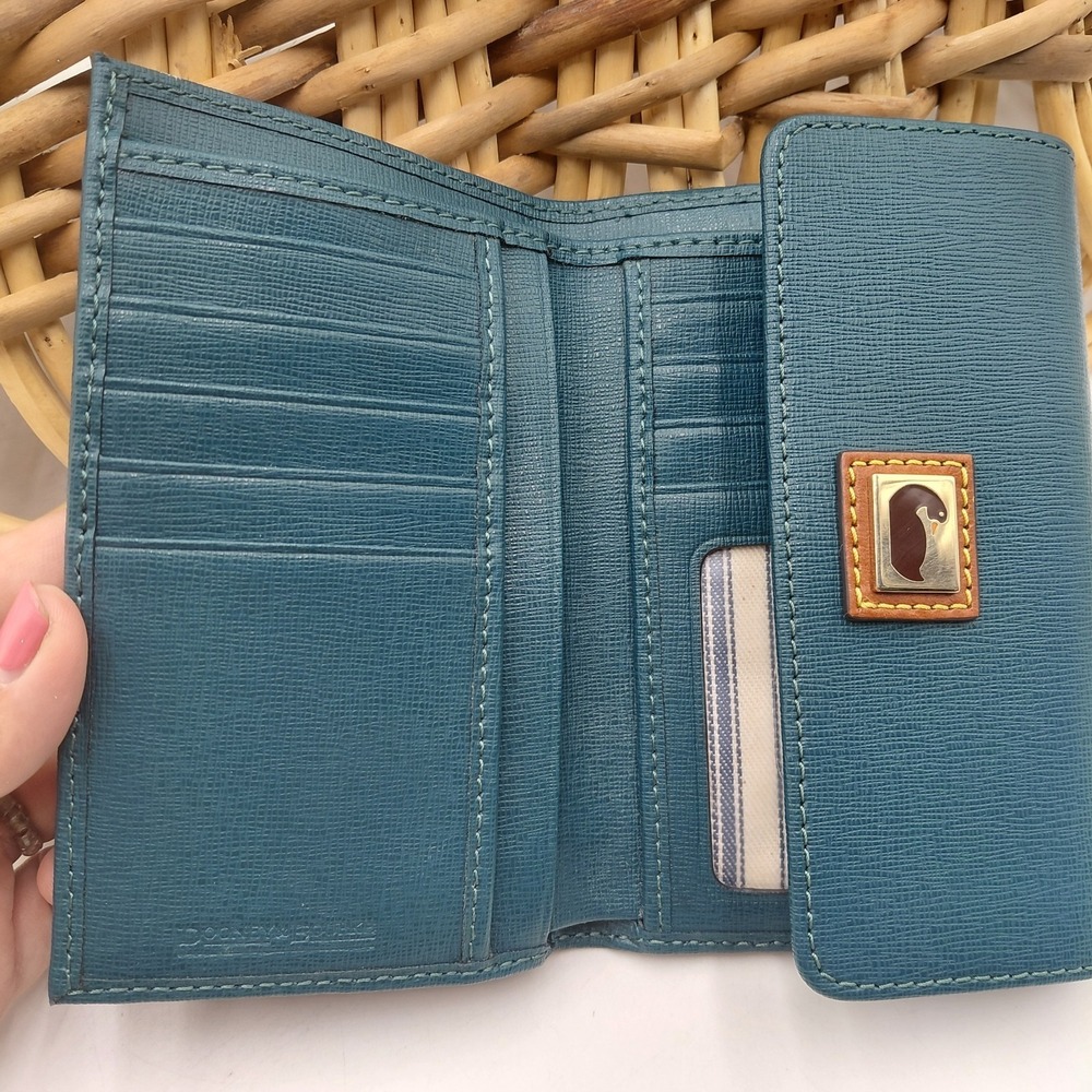 Vtg 90s Duck Dooney and Bourke Leather Green Wallet Credit Card Flap Striped Int - Picture 2 of 9